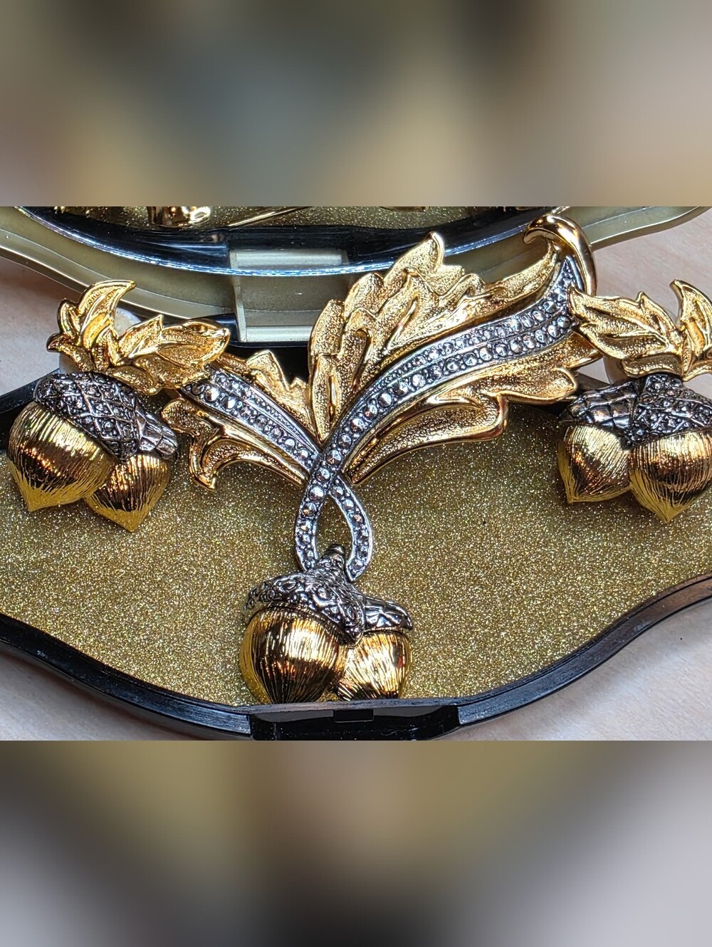 Vintage Avon ACORN Brooch & Earring Set,  Marcasite Gold & Silver Tone, Large